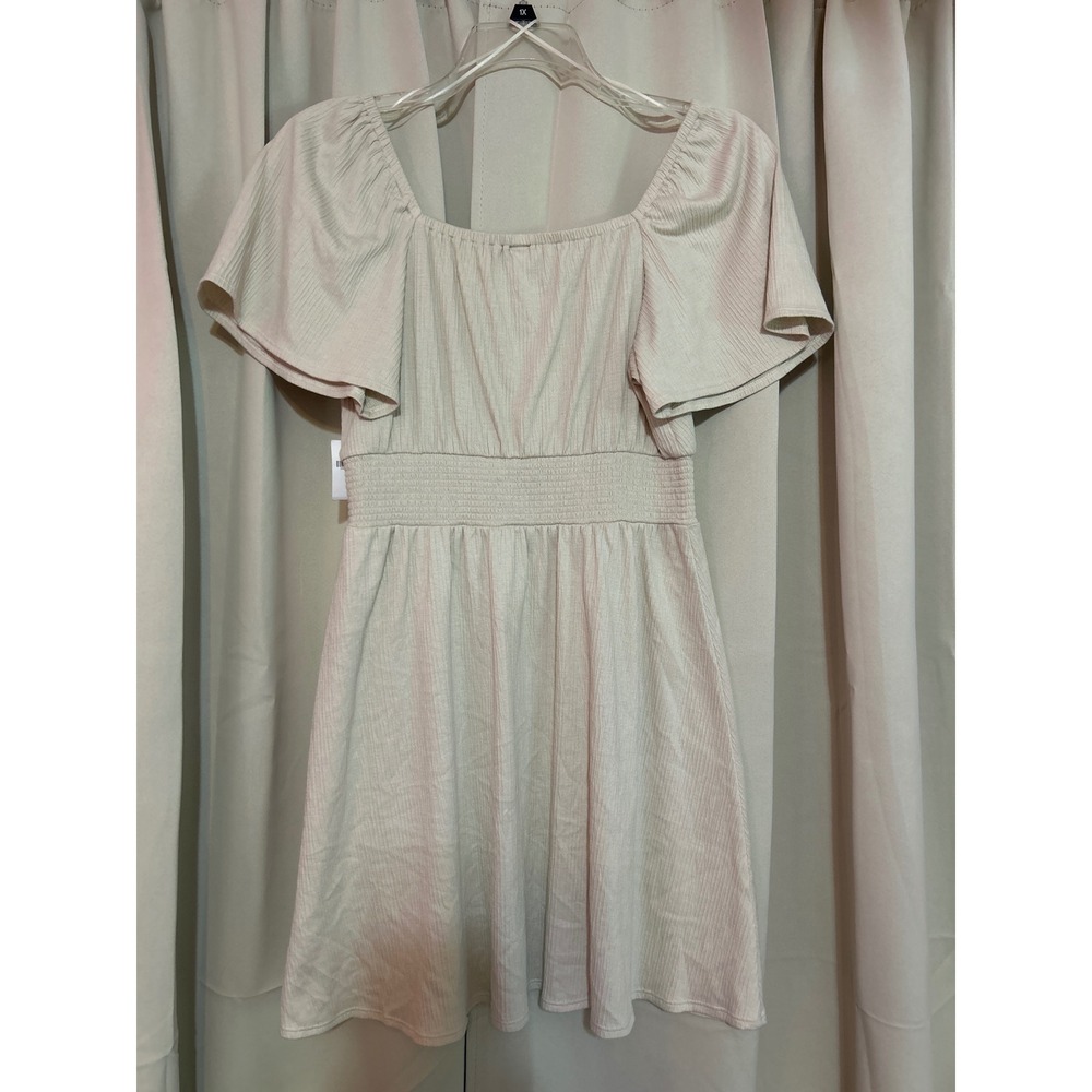 Old Navy Cotton Mini Dress Medium NWT Smocked Waist Flutter Sleeve‎ Beige - Picture 8 of 8